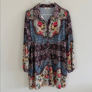 Umgee Multicolor Floral Patchwork Button Down Tunic Dress